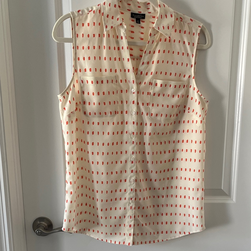 Talbots Nantucket Ivory Sleeveless Button-Down Top with Coral Dot Pattern NWOT M